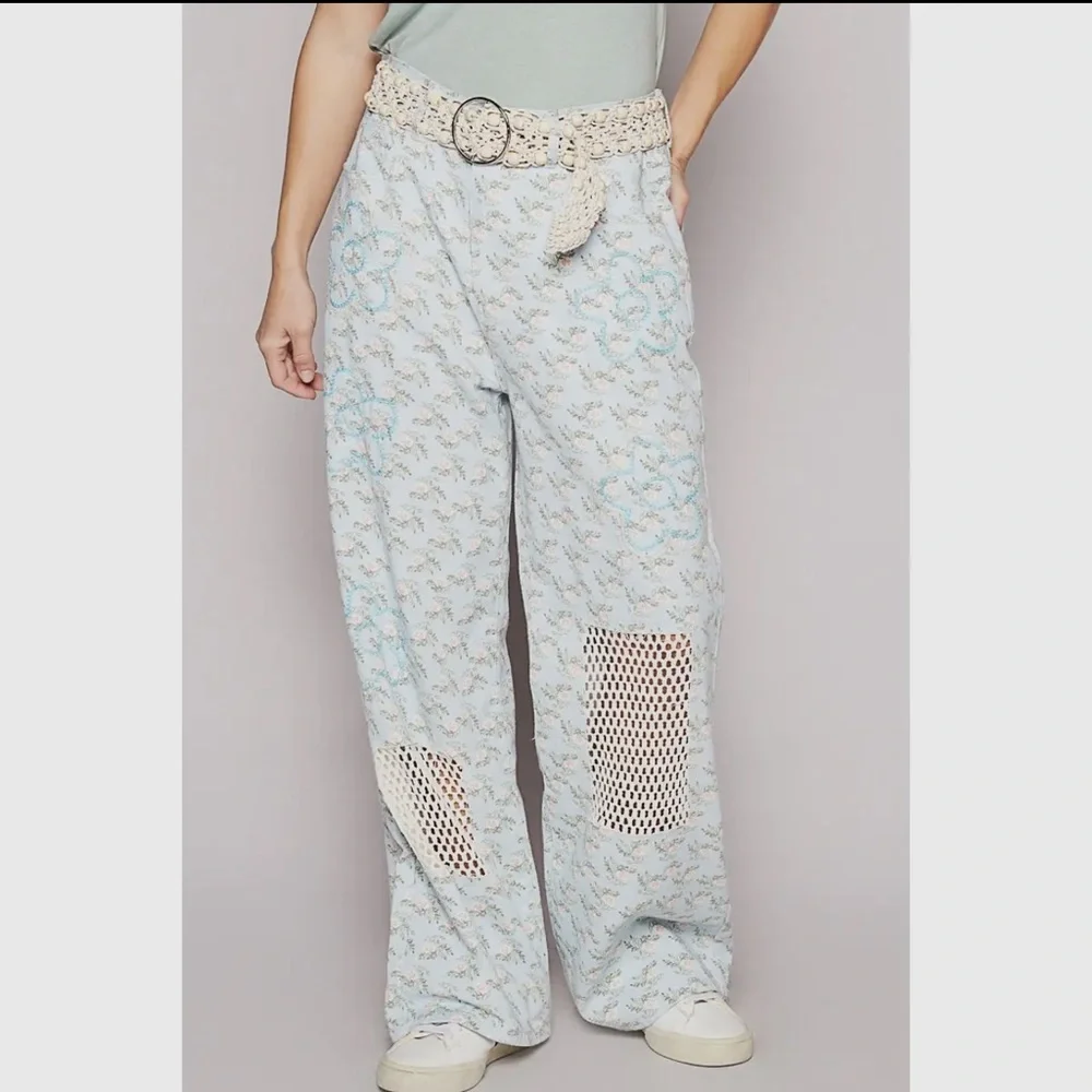 POL Light Blue Crochet Accent Wide-Leg Pants